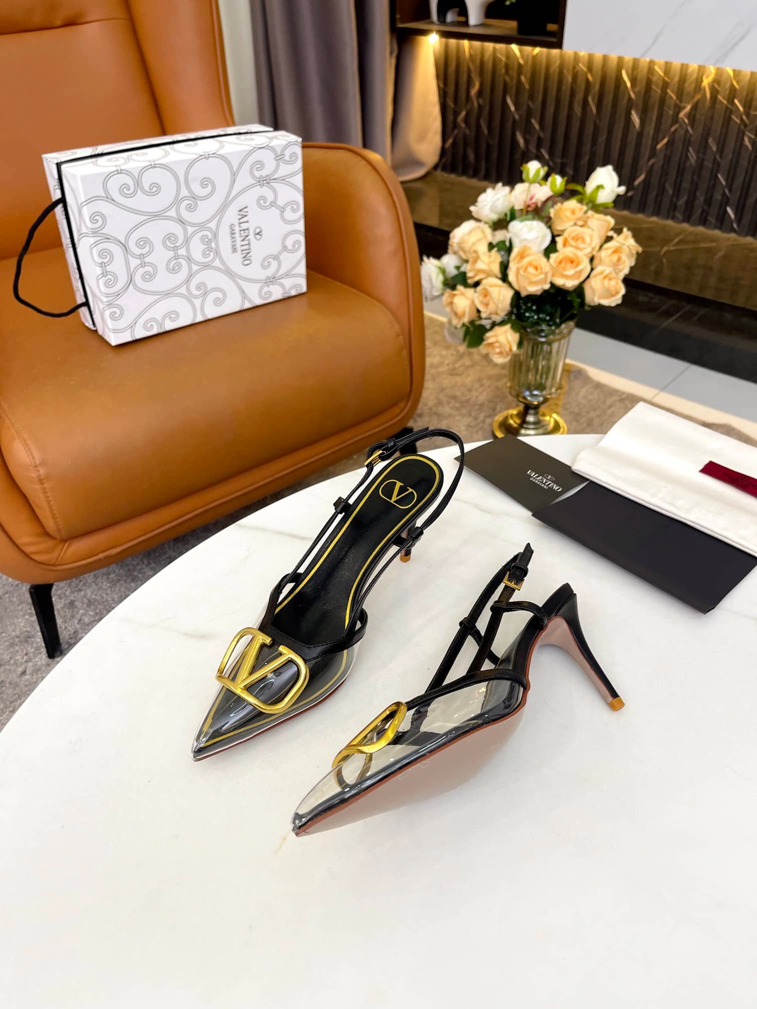 Va1e*ntin0 Garavani Vlogo Pvc And Leather Slingback Pumps Black