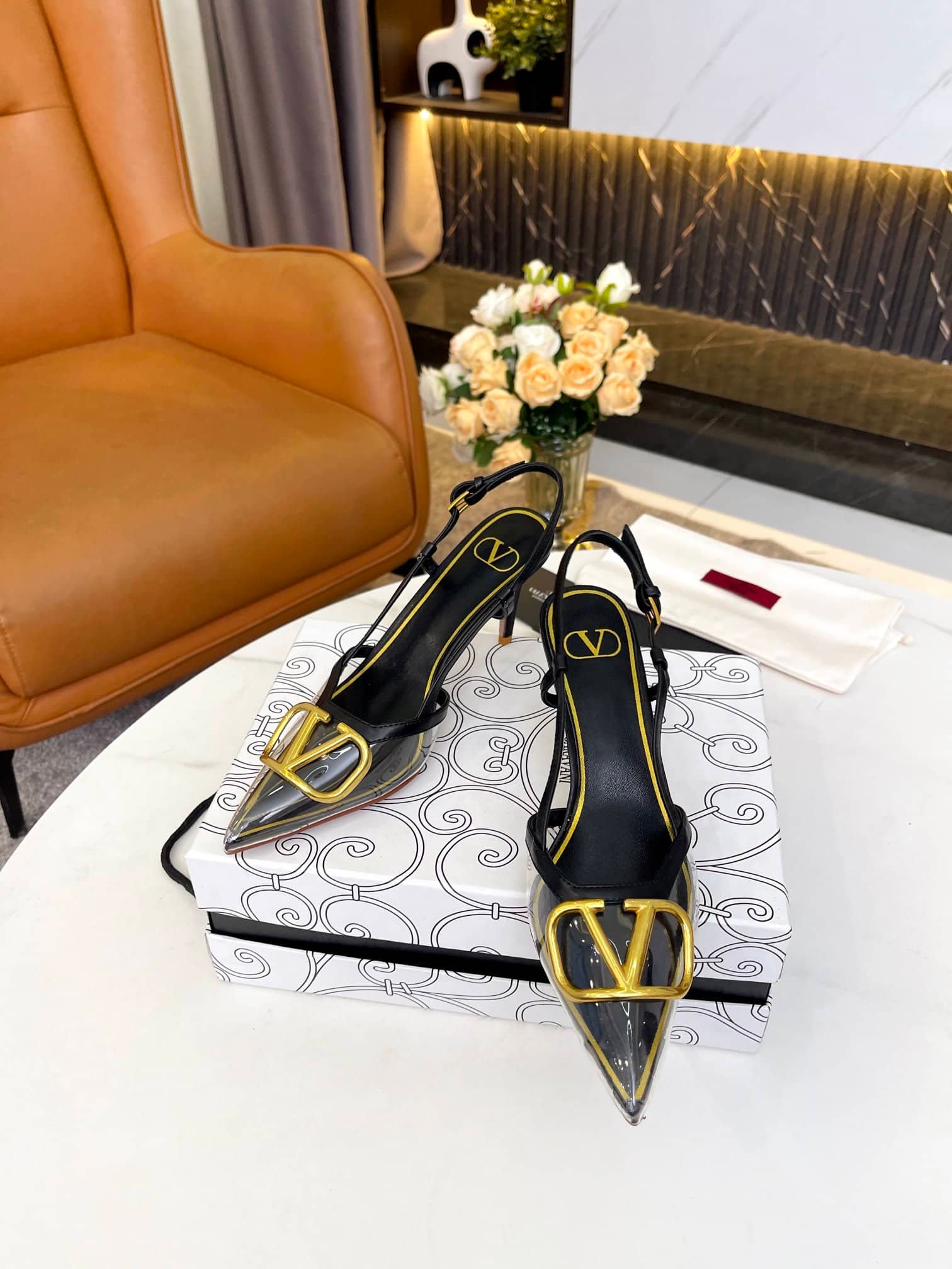 Va1e*ntin0 Garavani Vlogo Pvc And Leather Slingback Pumps Black