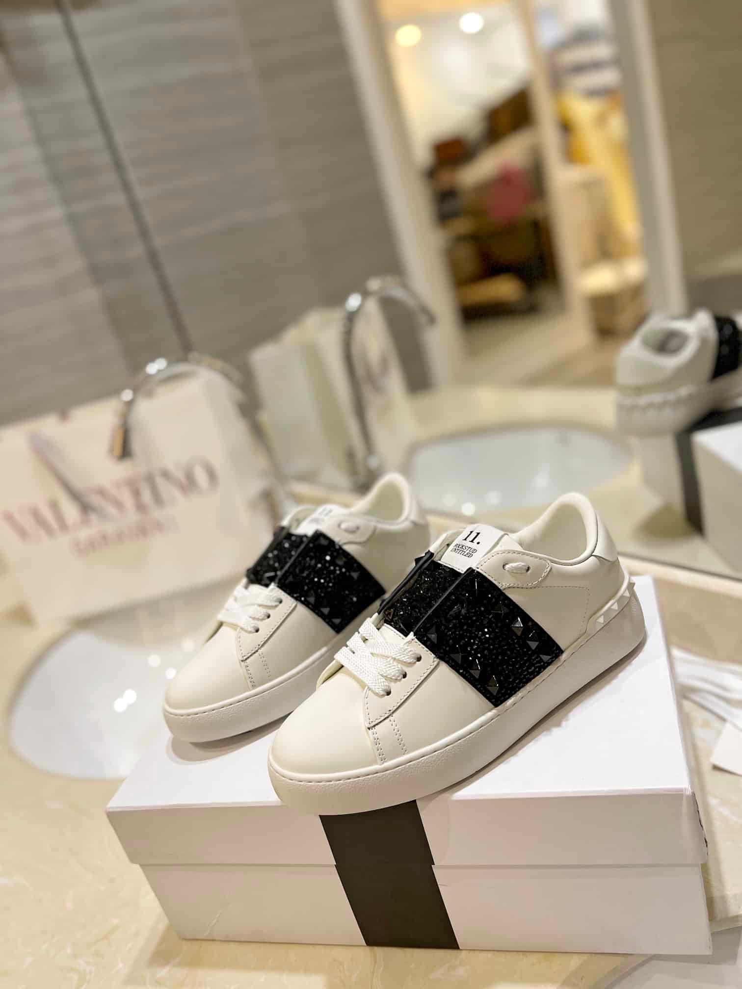 Va1e*ntin0 Garavani Rockstud Untitled Crystal Embellished Leather Sneaker Black