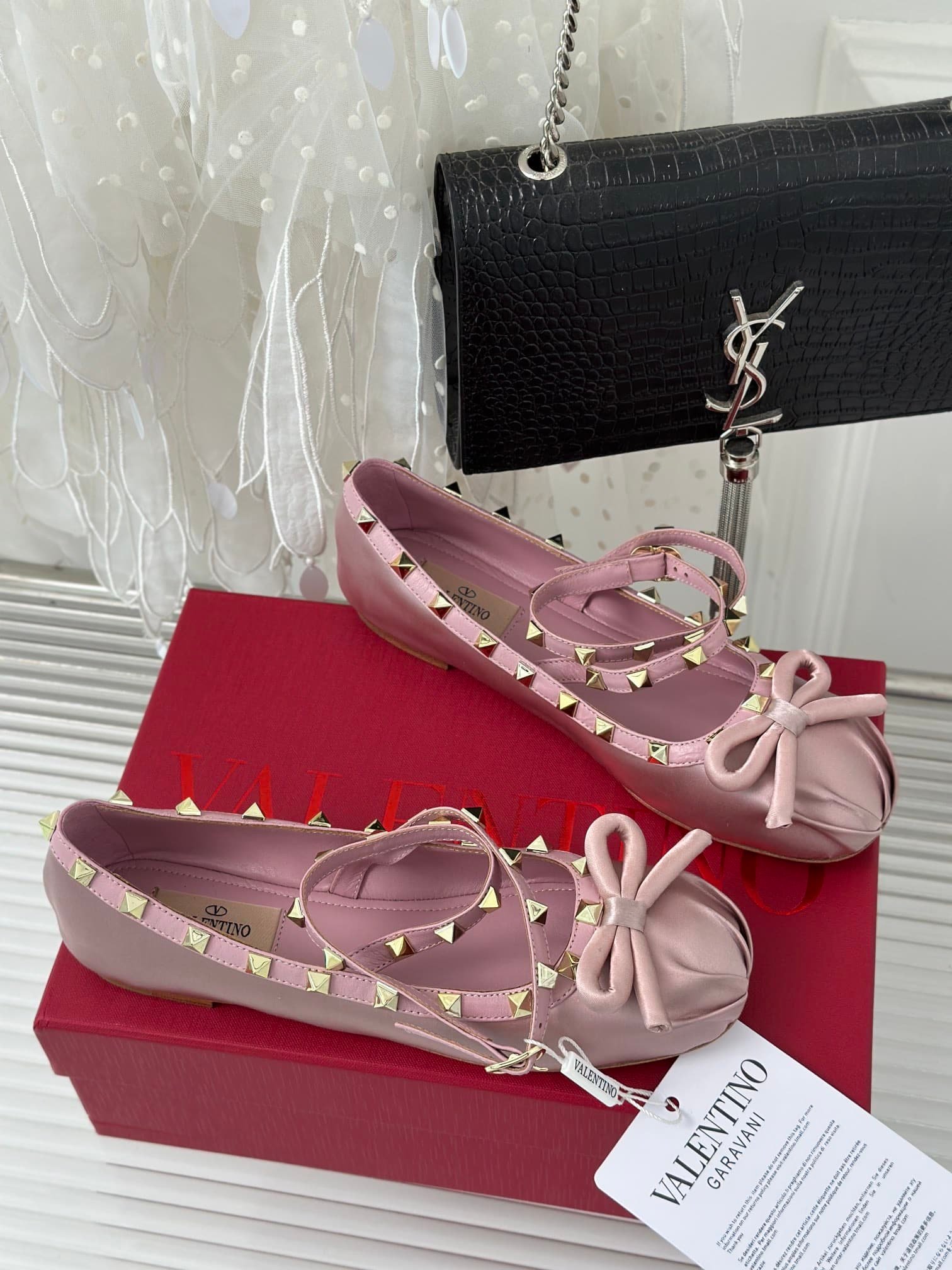 Va1e*ntin0 Garavani Rockstud Satin Ballerina Water Lilac 3W2S0Hb6Swh 6E0