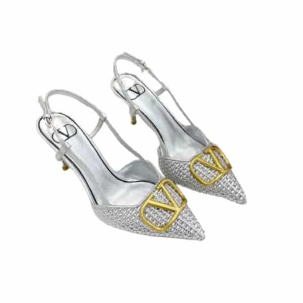 Va1e*ntin0 Garavani Vlogo Woven Leather Slingback Pumps Silver