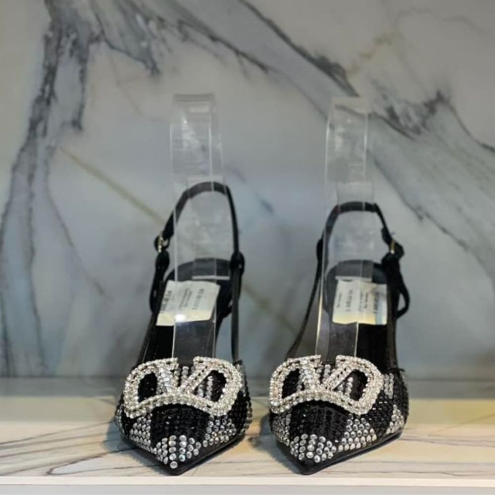 Va1e*ntin0 Vlogo Signature Back Strap Crystal High Heels Black