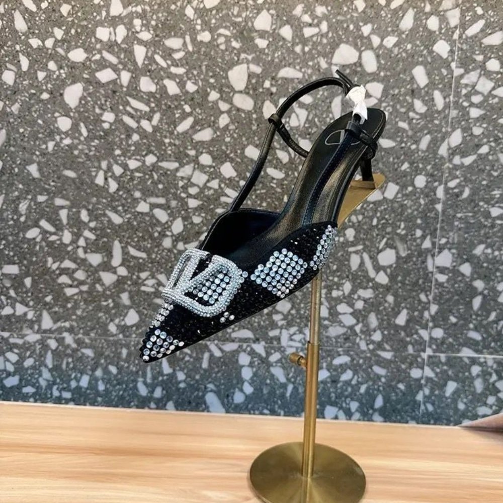 Va1e*ntin0 Vlogo Signature Back Strap Crystal High Heels Black