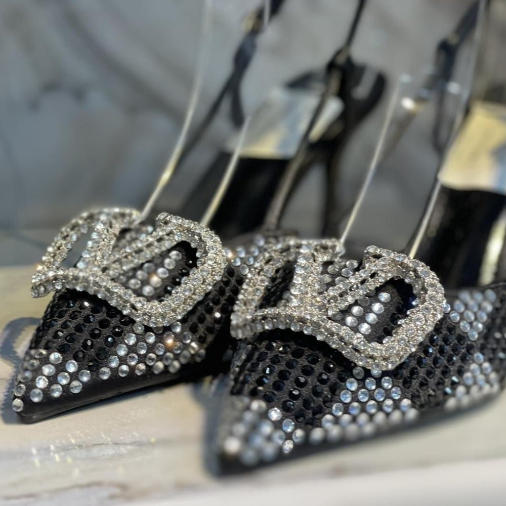 Va1e*ntin0 Vlogo Signature Back Strap Crystal High Heels Black