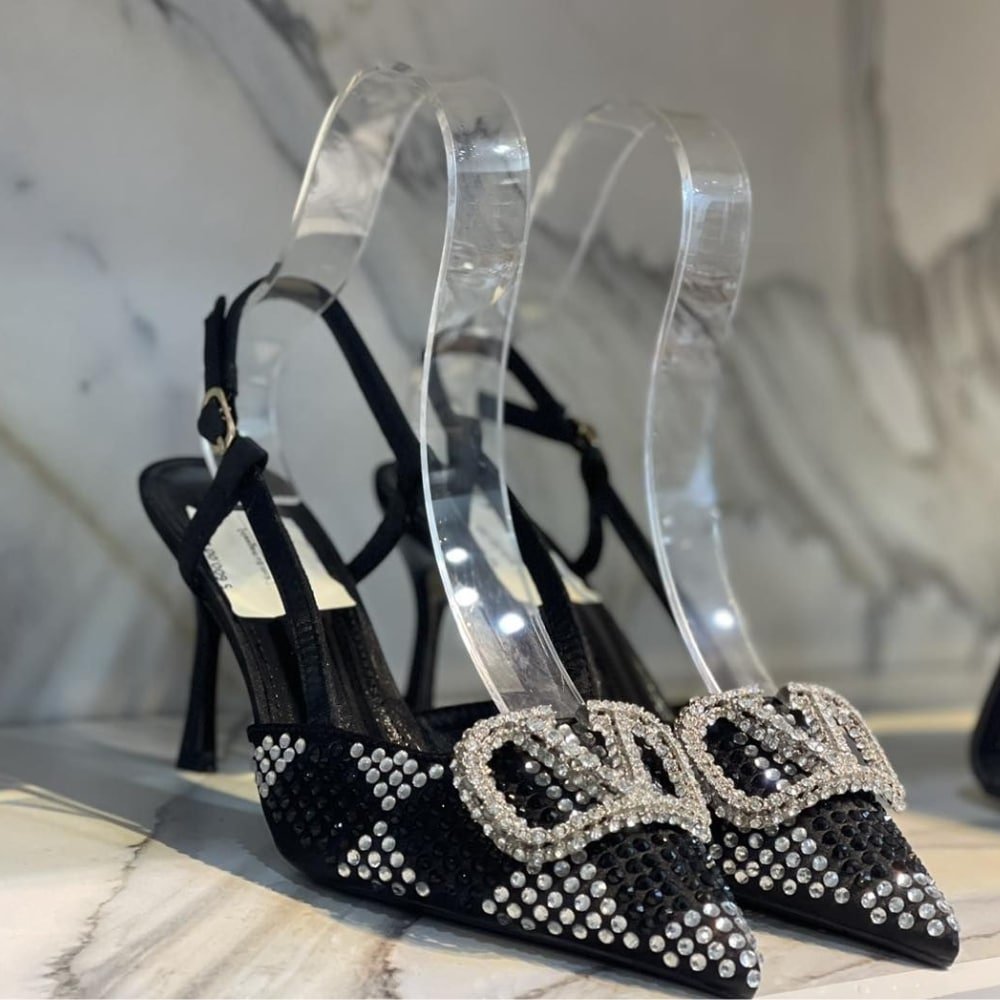 Va1e*ntin0 Vlogo Signature Back Strap Crystal High Heels Black
