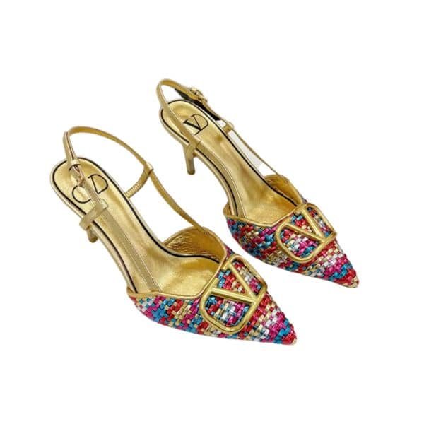 Va1e*ntin0 Garavani Vlogo Woven Leather Slingback Pumps Multicolor