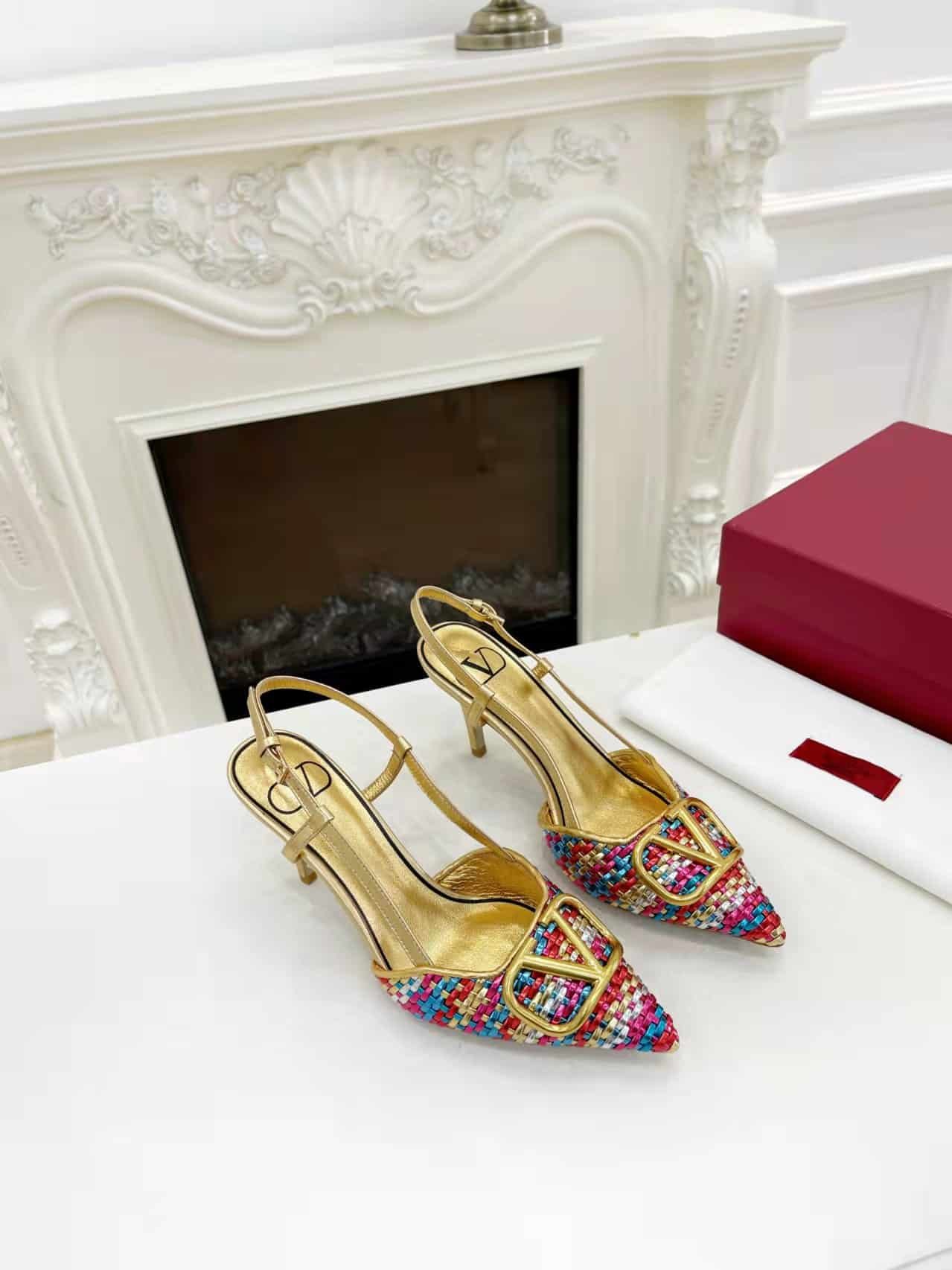 Va1e*ntin0 Garavani Vlogo Woven Leather Slingback Pumps Multicolor