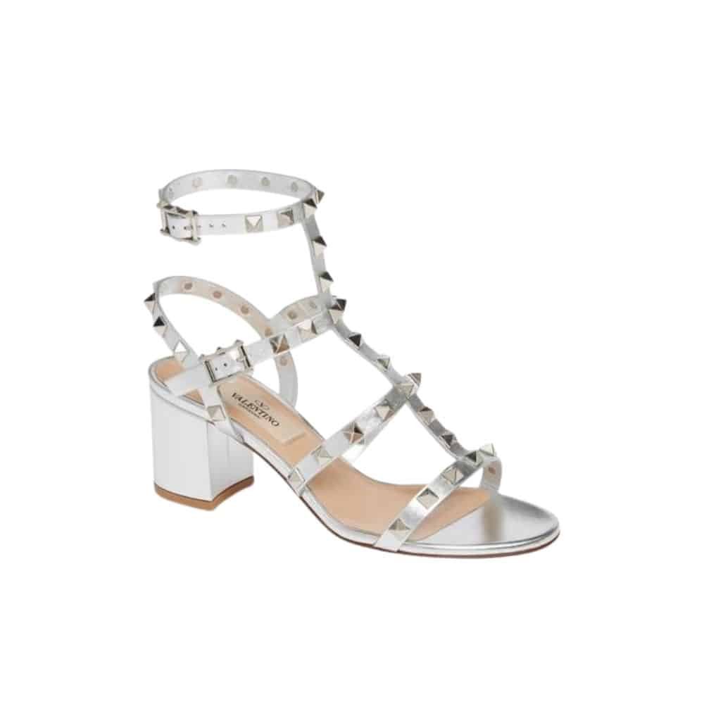 Va1e*ntin0 Garavani Rockstud Leather Sandals Silver