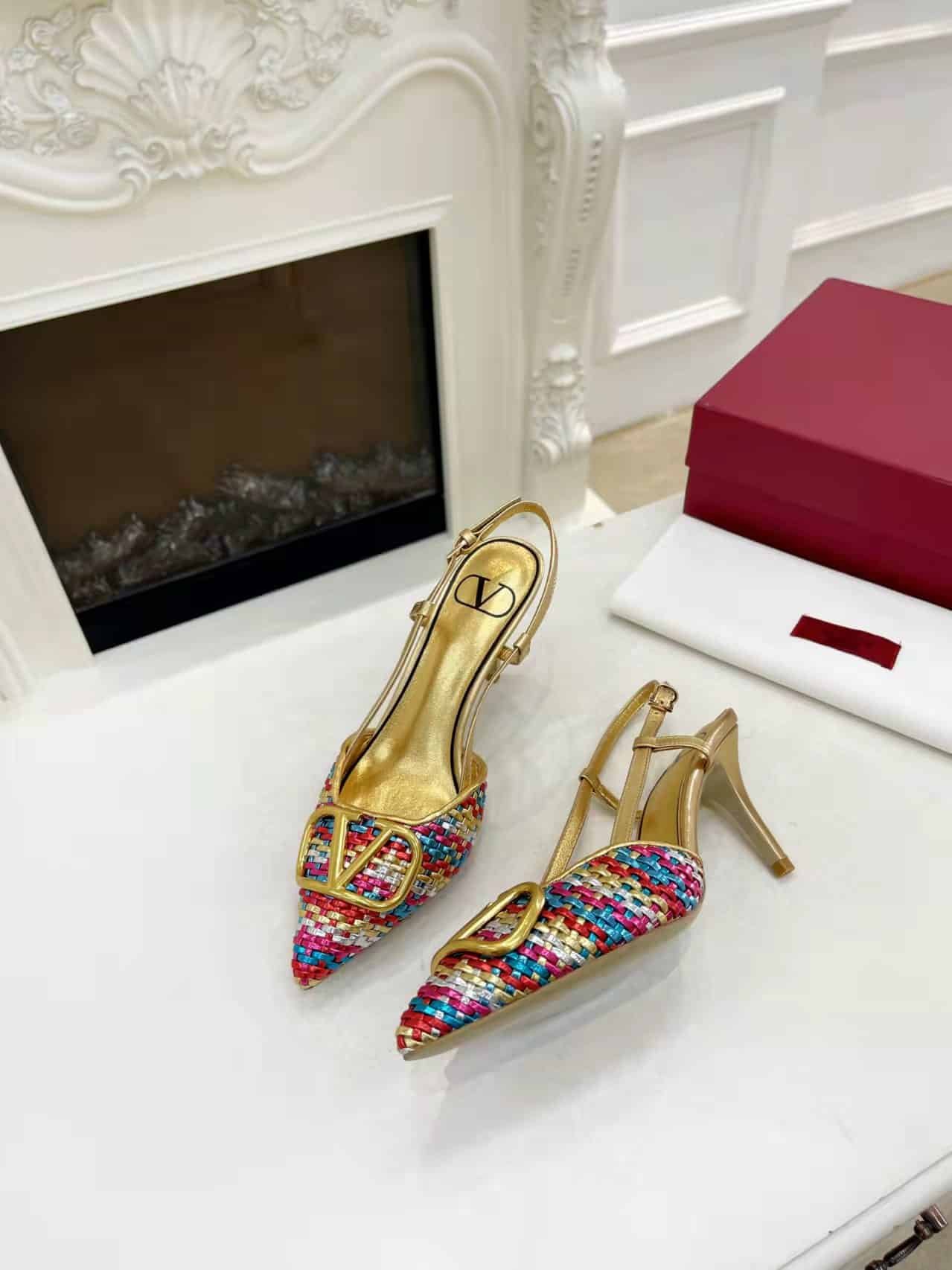 Va1e*ntin0 Garavani Vlogo Woven Leather Slingback Pumps Multicolor