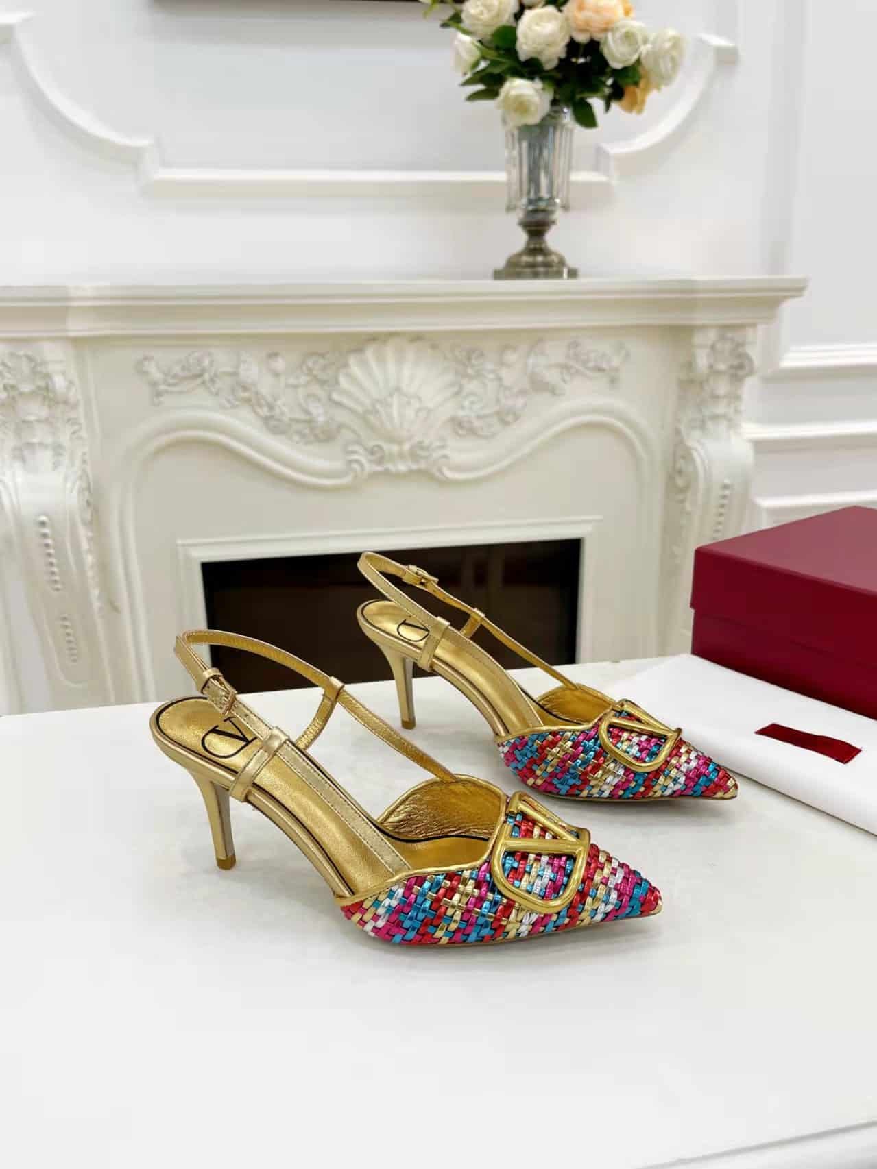 Va1e*ntin0 Garavani Vlogo Woven Leather Slingback Pumps Multicolor
