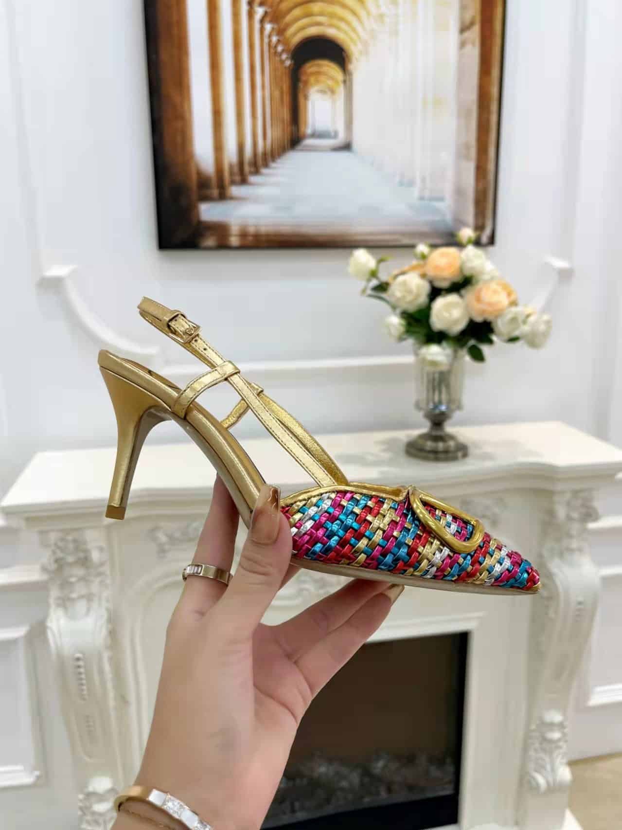 Va1e*ntin0 Garavani Vlogo Woven Leather Slingback Pumps Multicolor