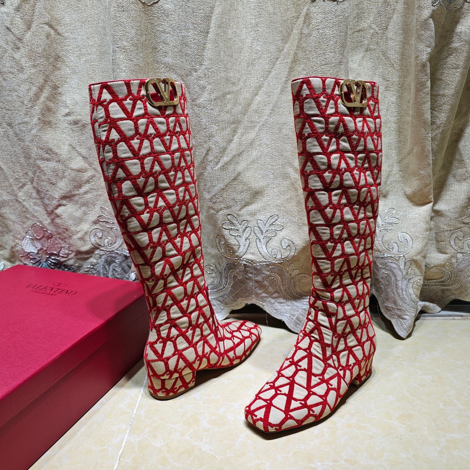Va1e*ntin0 Vlogo Type Boot In Toile Iconographe Beige Red 2W2S0Ft9Ebhj4A
