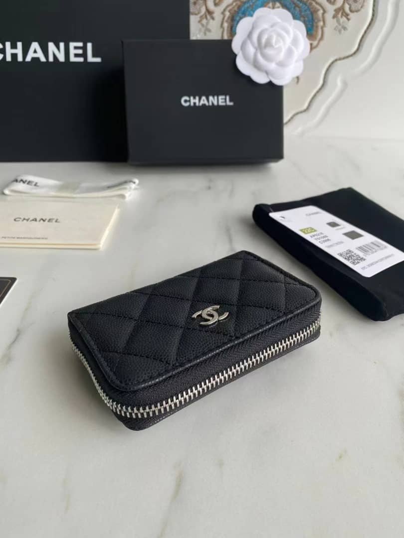 Ch**el Classic Zipped Coin Purse Wallet Gold Tone Metal Black 11Cm Ap0216 Y01588 C3906