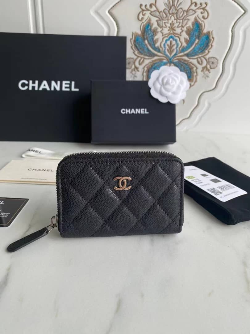 Ch**el Classic Zipped Coin Purse Wallet Gold Tone Metal Black 11Cm Ap0216 Y01588 C3906