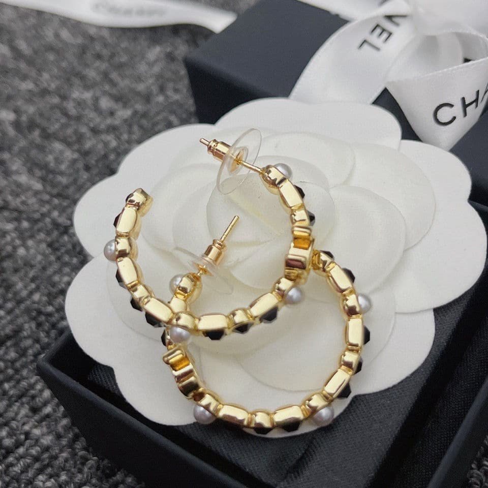Ch**el Hoop Earrings Metal Gold And Black Ab7836 B07668 Ng856