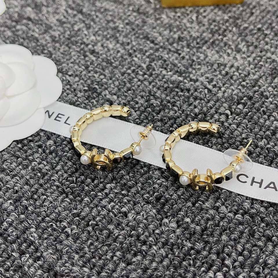 Ch**el Hoop Earrings Metal Gold And Black Ab7836 B07668 Ng856