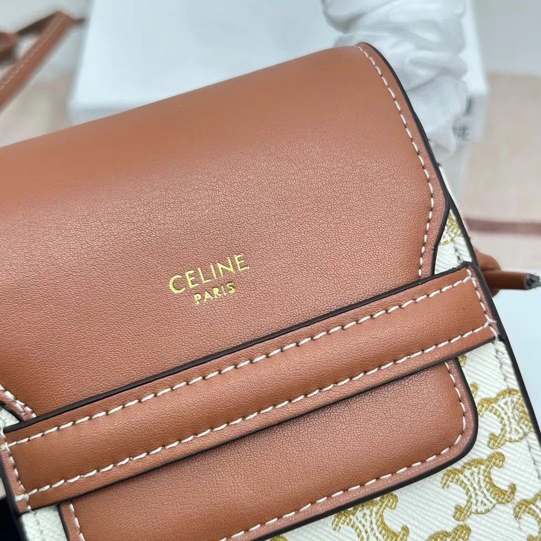 Ce1i*e Women Phone Pouch With Flap In Triomphe Canvas And Beige