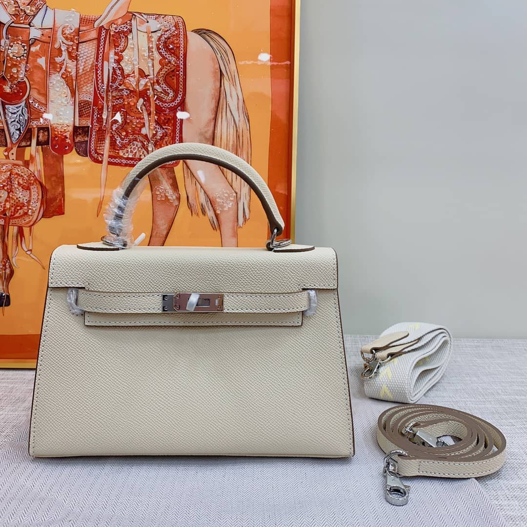 H**me5 Mini Kelly Bag Epsom White Silver Hardware 20Cm