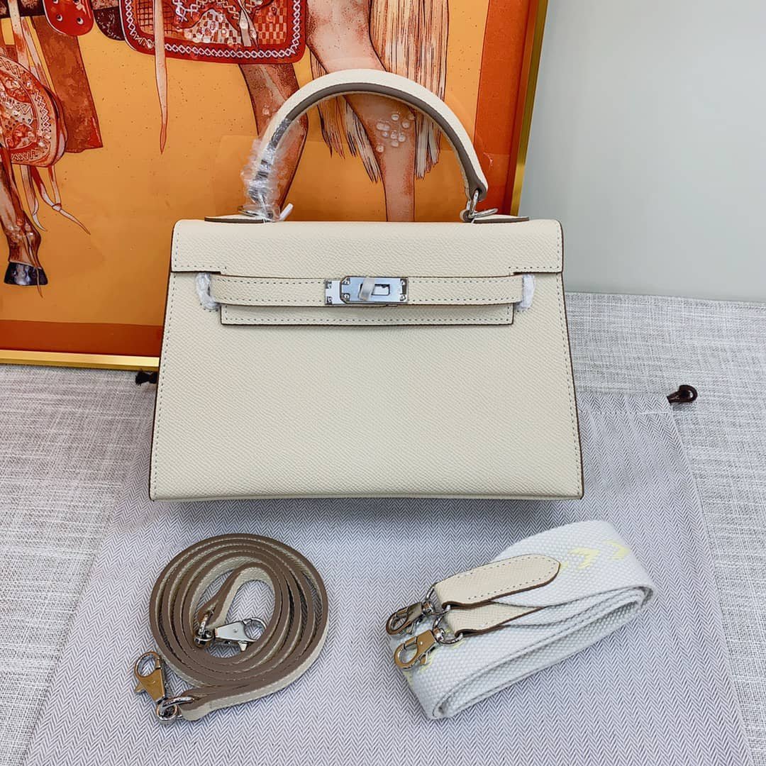 H**me5 Mini Kelly Bag Epsom White Silver Hardware 20Cm