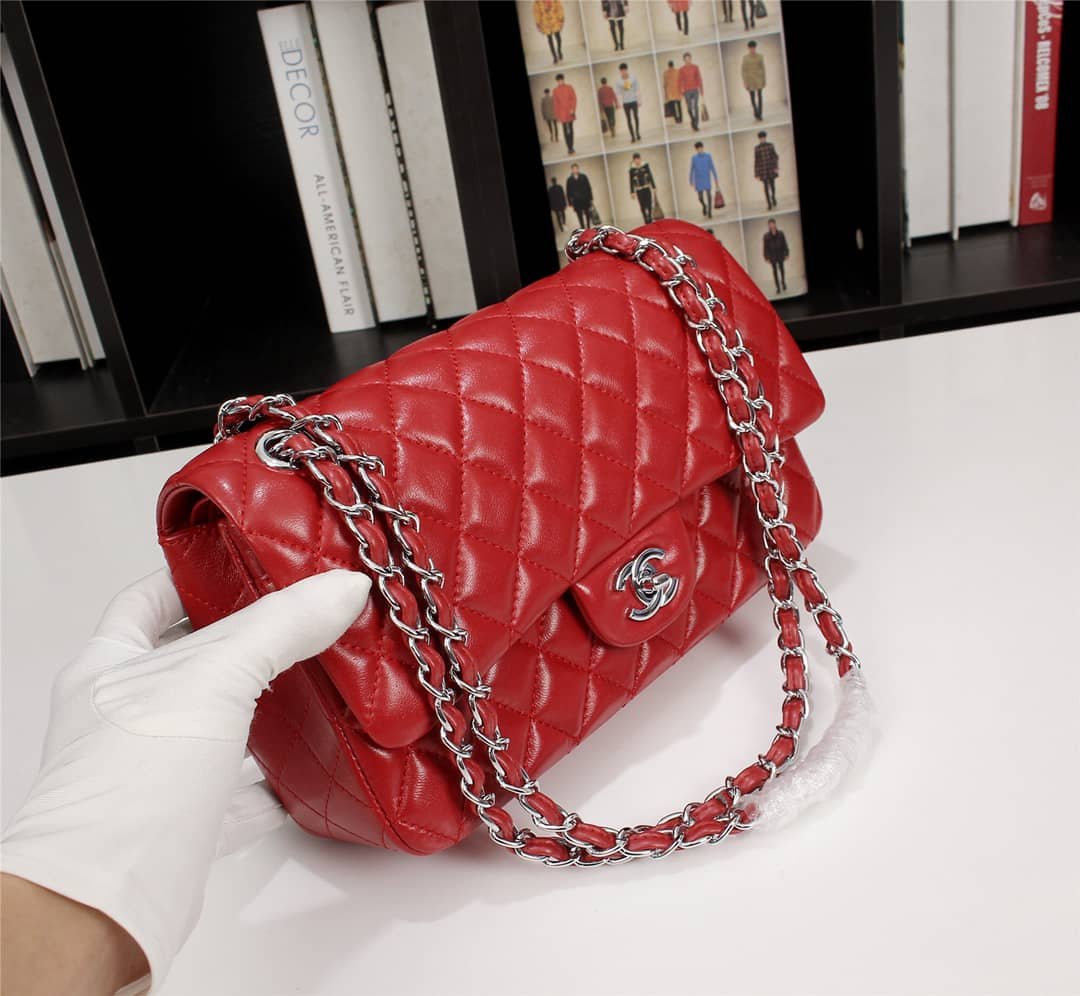 Ch**el Medium Classic Double Flap Red Silver Hardware 25.5Cm