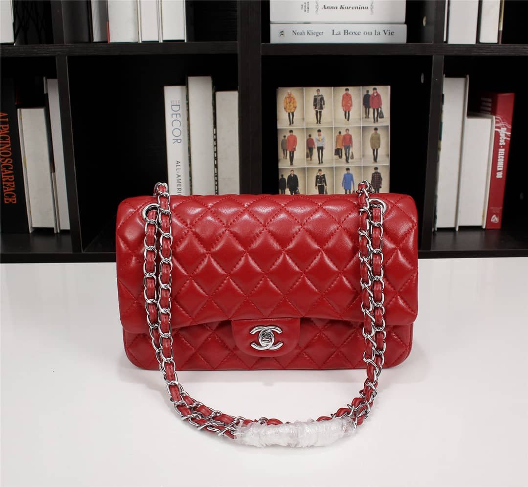 Ch**el Medium Classic Double Flap Red Silver Hardware 25.5Cm
