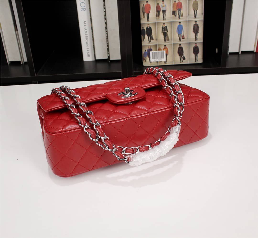 Ch**el Medium Classic Double Flap Red Silver Hardware 25.5Cm