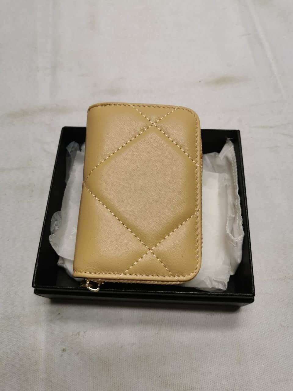 Ch**el 19 Card Holder With Zipper Leather Beige Wallet