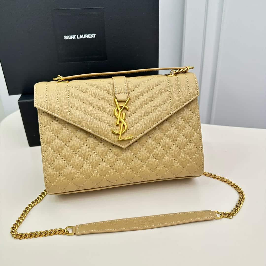 Sa1nt Lau*nt Envelope Medium In Quilted Grain De Poudre Embossed Leather Bag Beige 24Cm 600185BOW912721