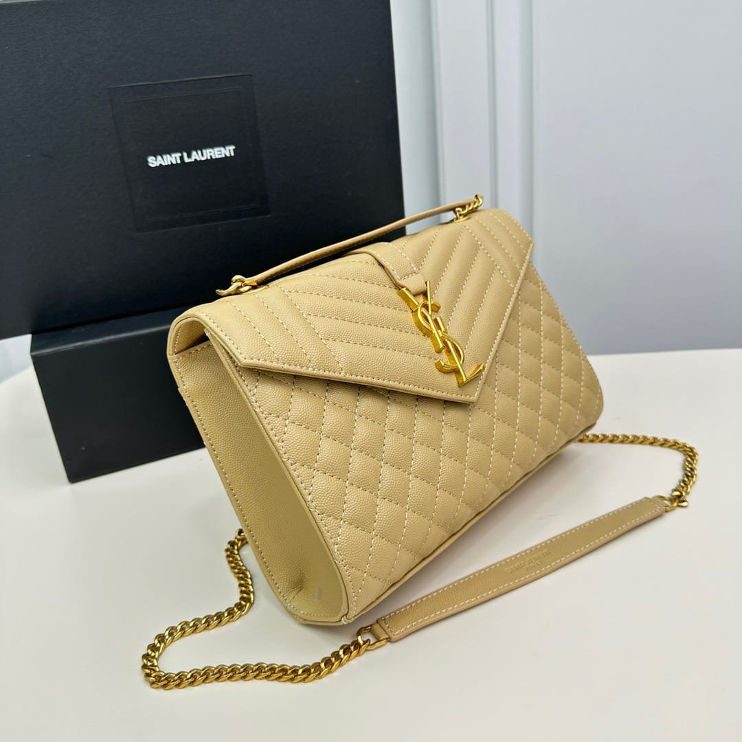 Sa1nt Lau*nt Envelope Medium In Quilted Grain De Poudre Embossed Leather Bag Beige 24Cm 600185BOW912721