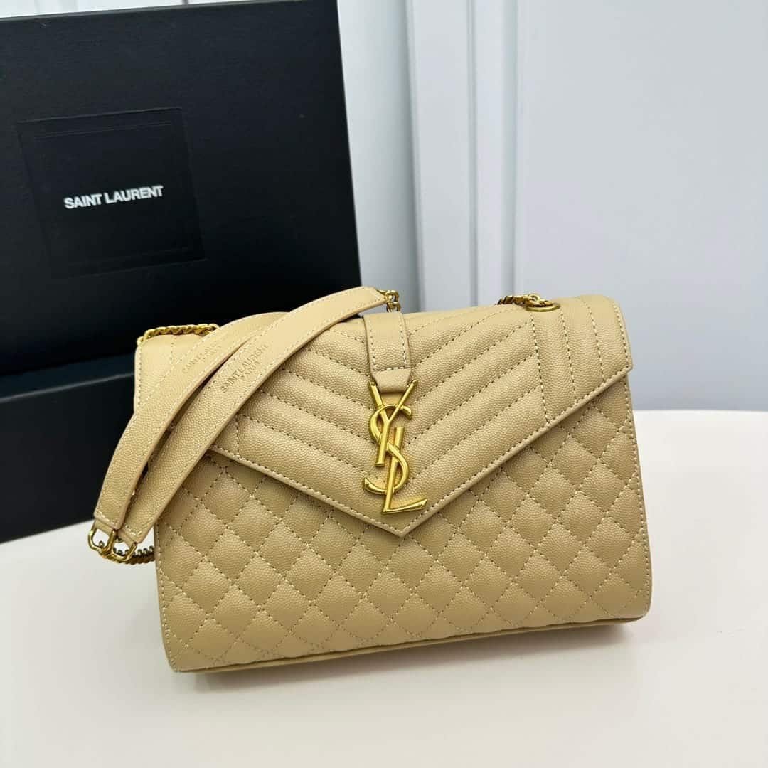 Sa1nt Lau*nt Envelope Medium In Quilted Grain De Poudre Embossed Leather Bag Beige 24Cm 600185BOW912721