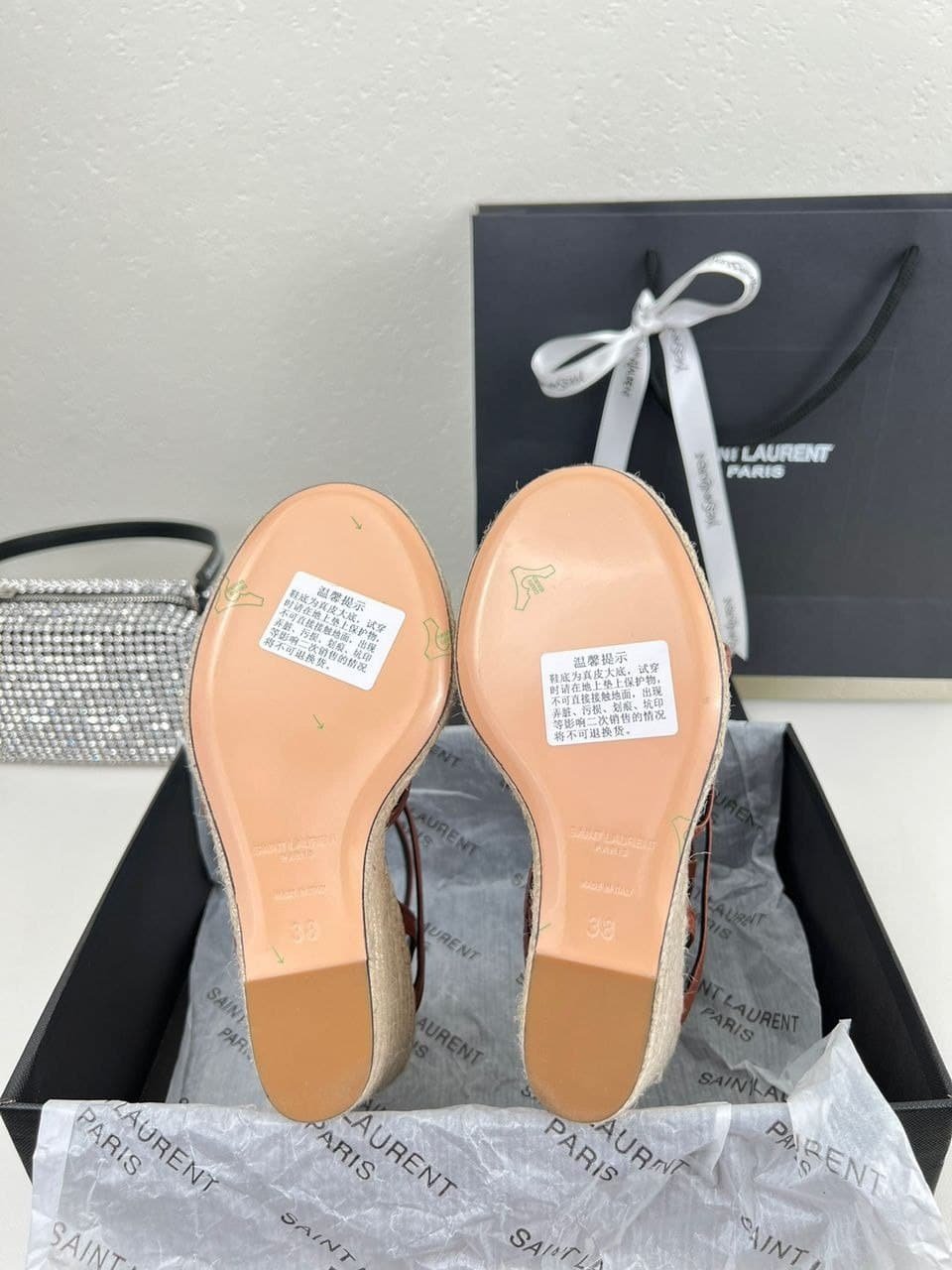 Sa1nt Lau*nt Cassandra 115 Leather And Raffia Wedge Brown Sandals