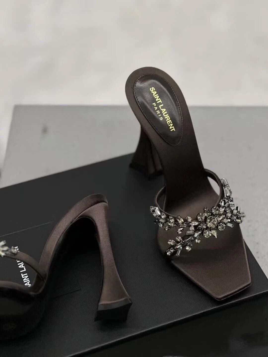 Sa1nt Lau*nt Liz Mules In Satin And Rhinestones Black