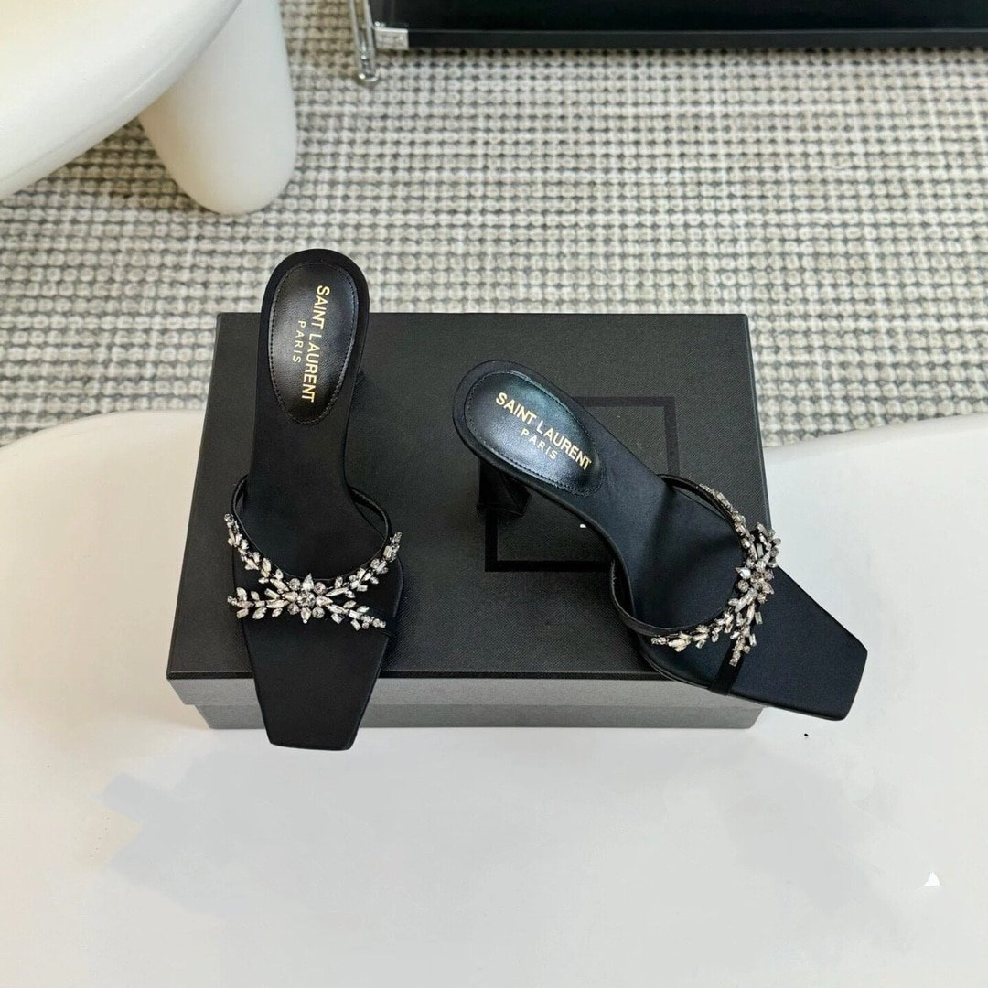 Sa1nt Lau*nt Liz Mules In Satin And Rhinestones Black