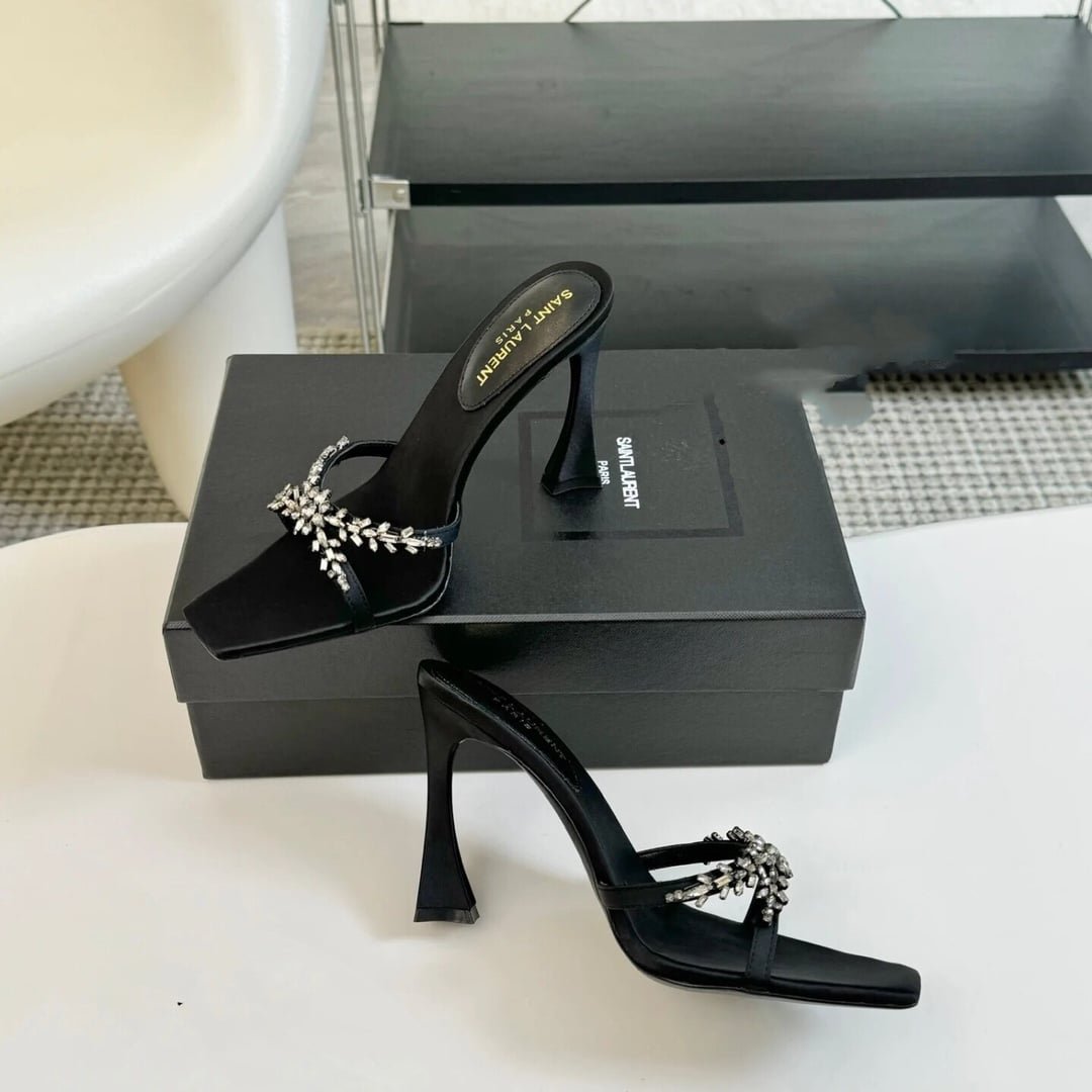 Sa1nt Lau*nt Liz Mules In Satin And Rhinestones Black