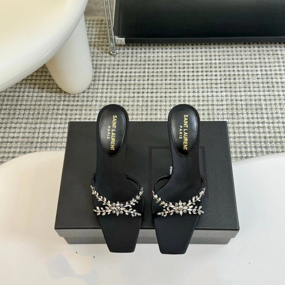 Sa1nt Lau*nt Liz Mules In Satin And Rhinestones Black