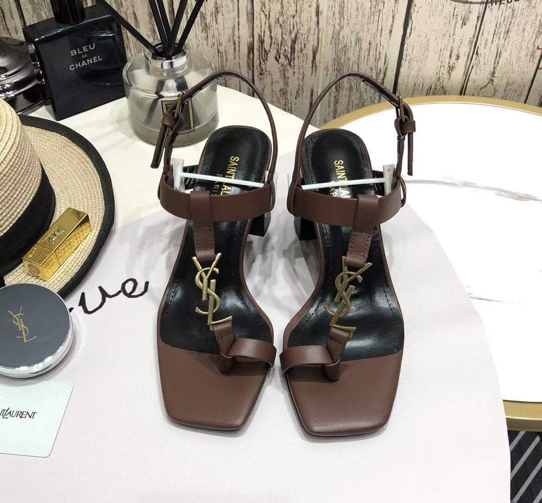 Sa1nt Lau*nt Cassandra Leather Slingback Sandals Brown