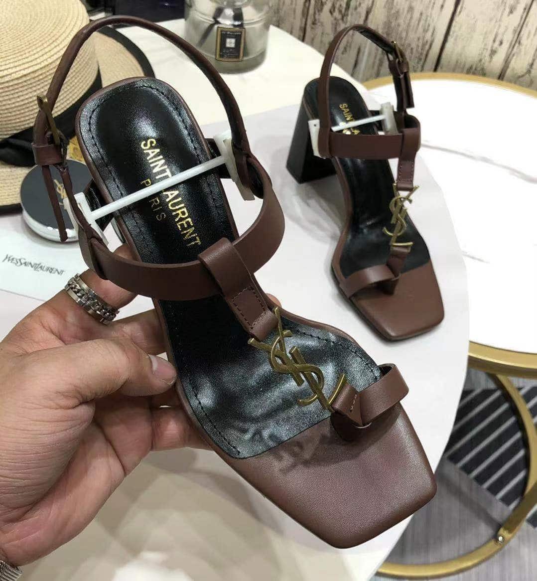 Sa1nt Lau*nt Cassandra Leather Slingback Sandals Brown