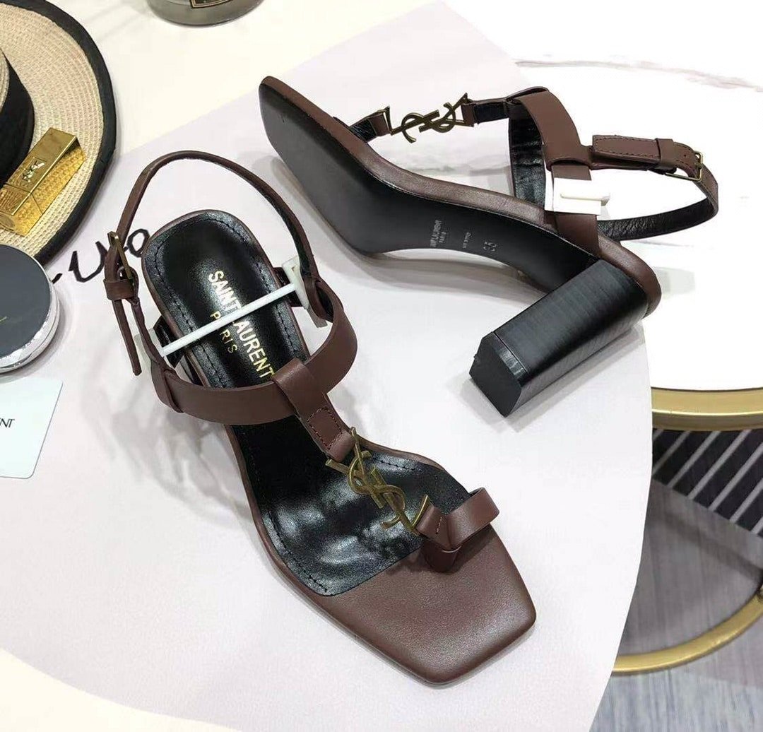 Sa1nt Lau*nt Cassandra Leather Slingback Sandals Brown