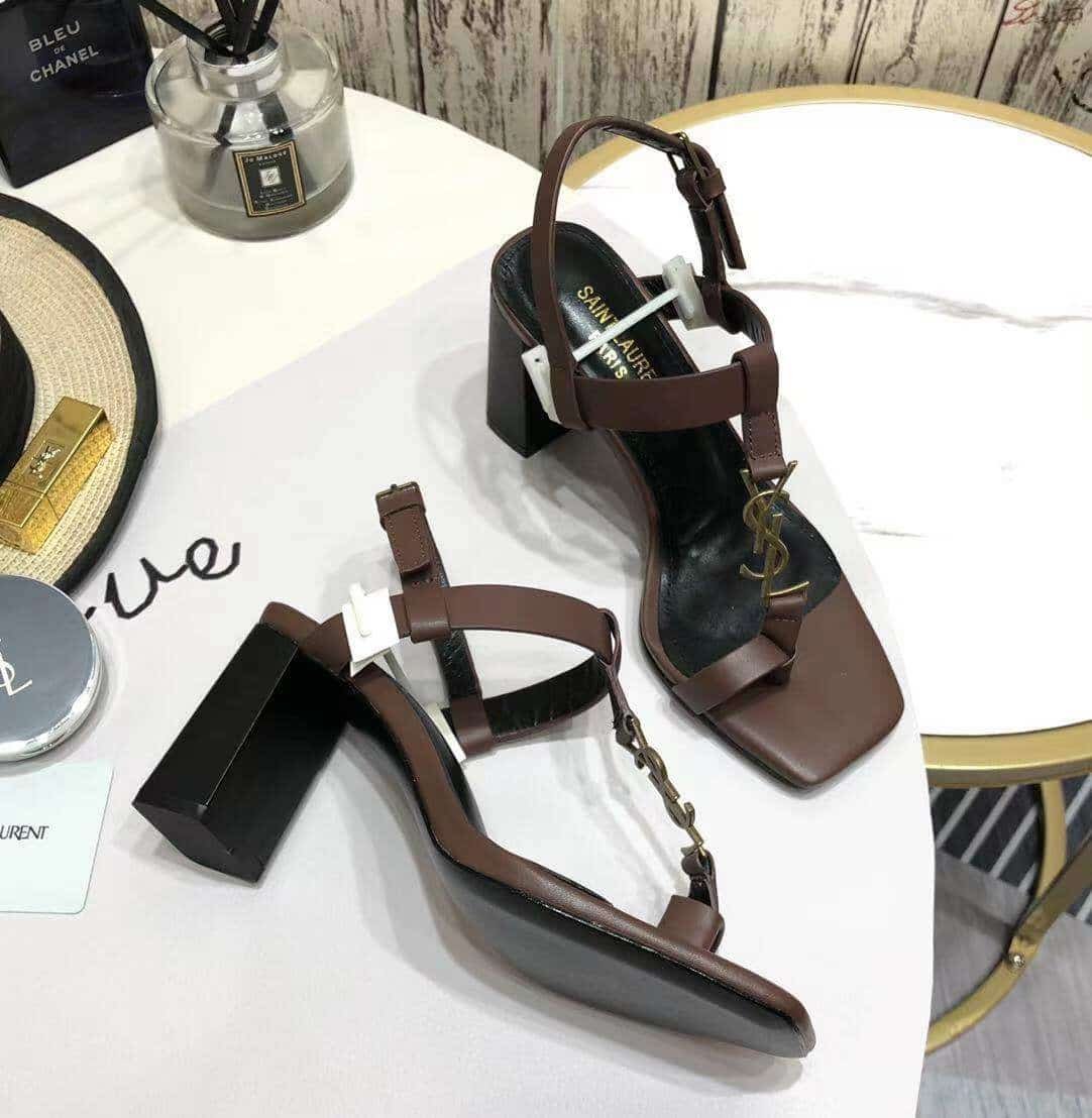 Sa1nt Lau*nt Cassandra Leather Slingback Sandals Brown