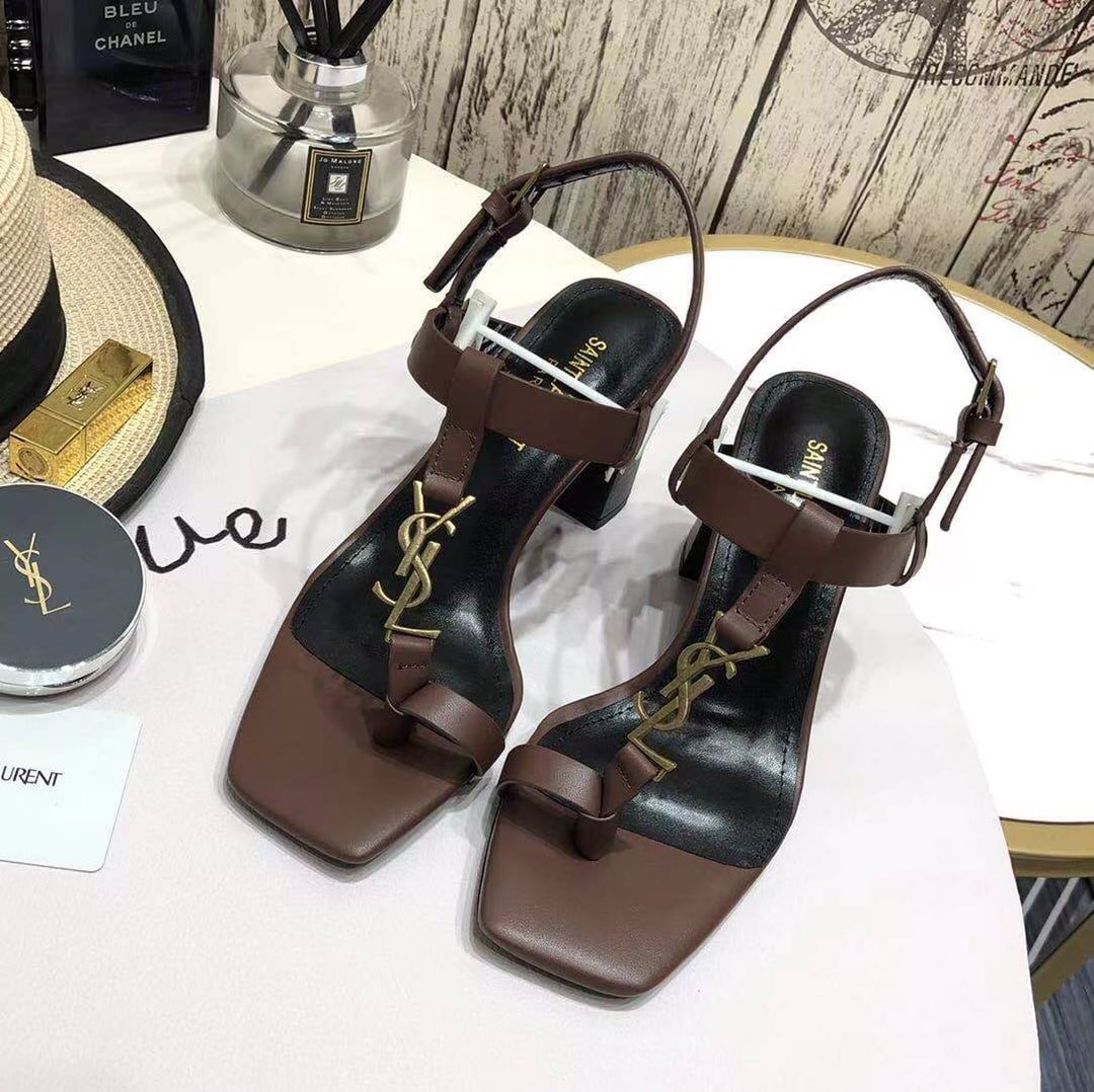 Sa1nt Lau*nt Cassandra Leather Slingback Sandals Brown