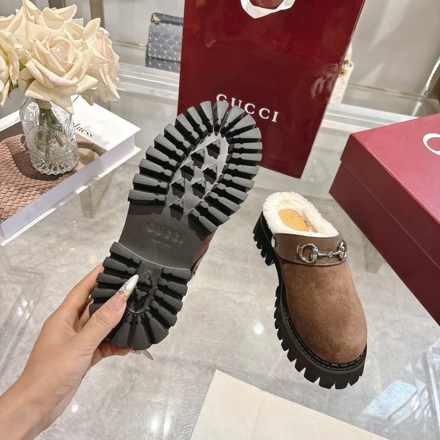 Gvc*1 Horsebit Shearling Mules In Dark Brown Suede