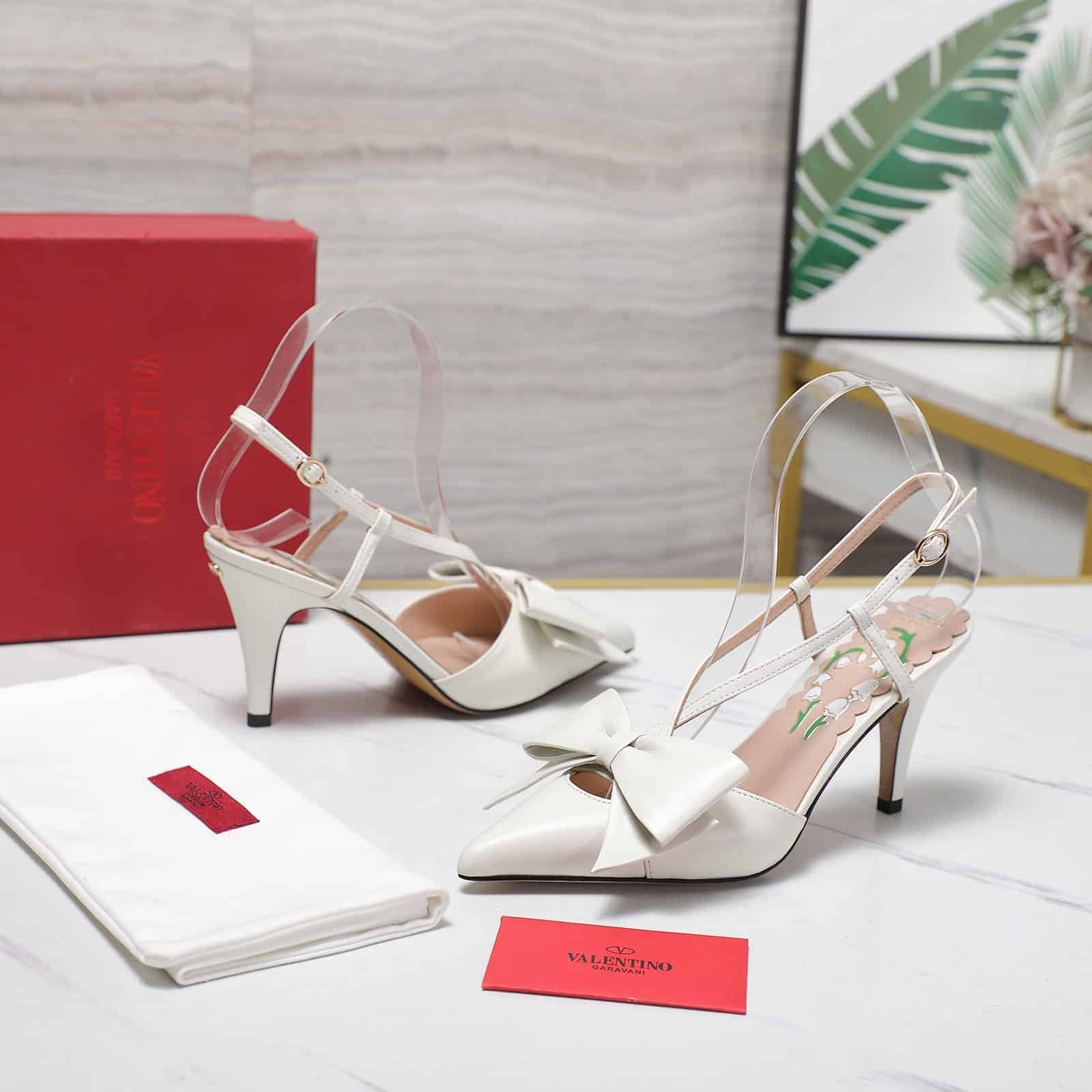 Va1e*ntin0 Bowow Slingback Pumps White 7W2S0Mx5Ddt 098