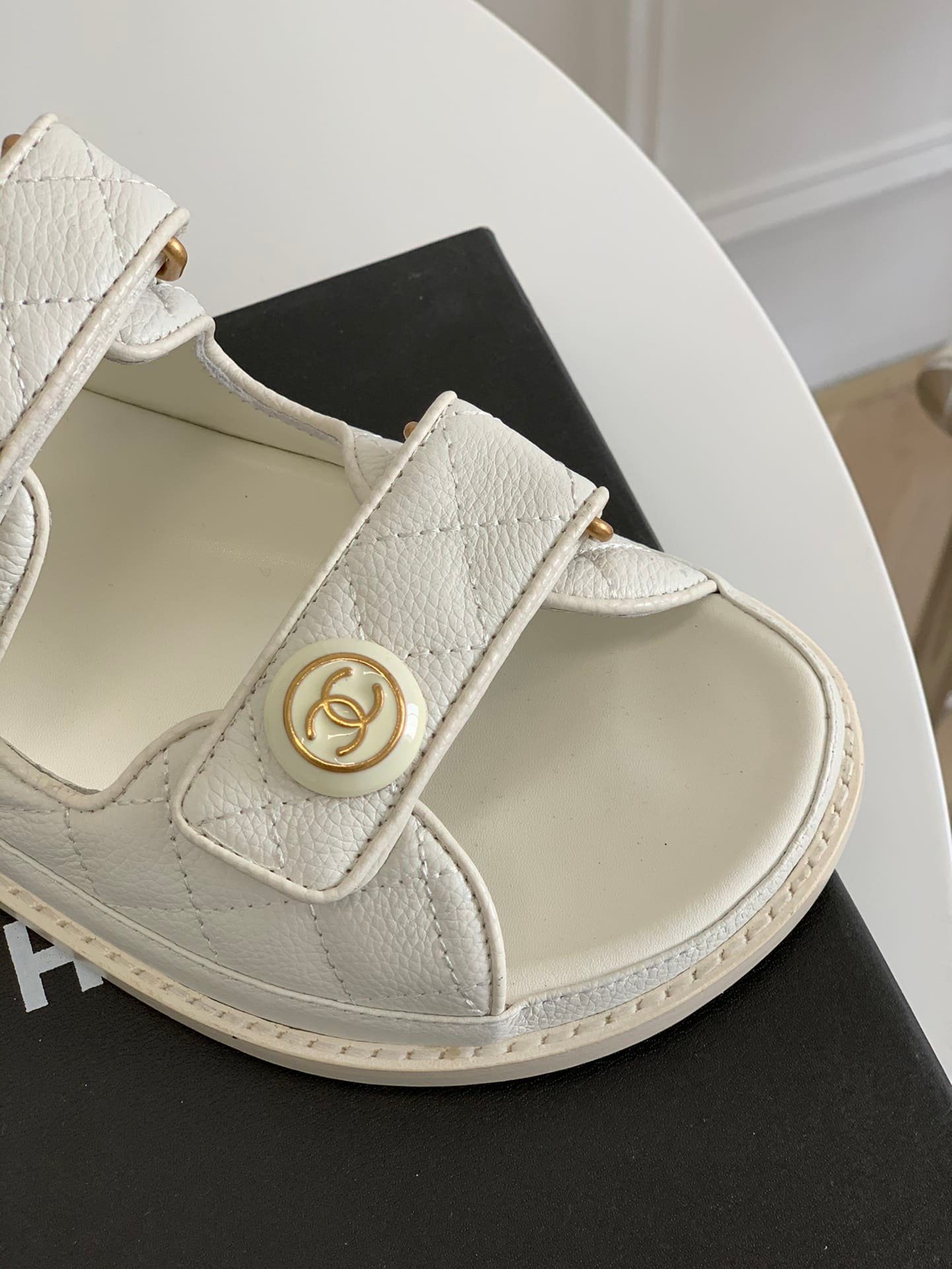 Ch**el Cc Button Velcro White Sandals Grained Calfskin Leather