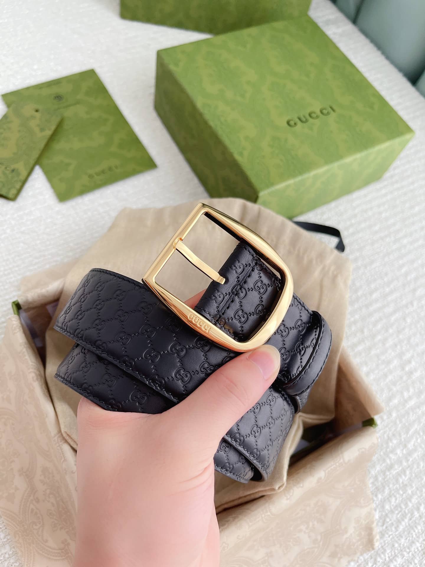 Gvc*1 Calfskin Monogram Black Belt Gold Metal 4Cm