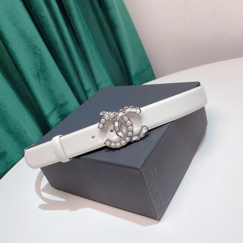 Ch**el Belt With Pearls And Cc Logo Belt White 28Mm