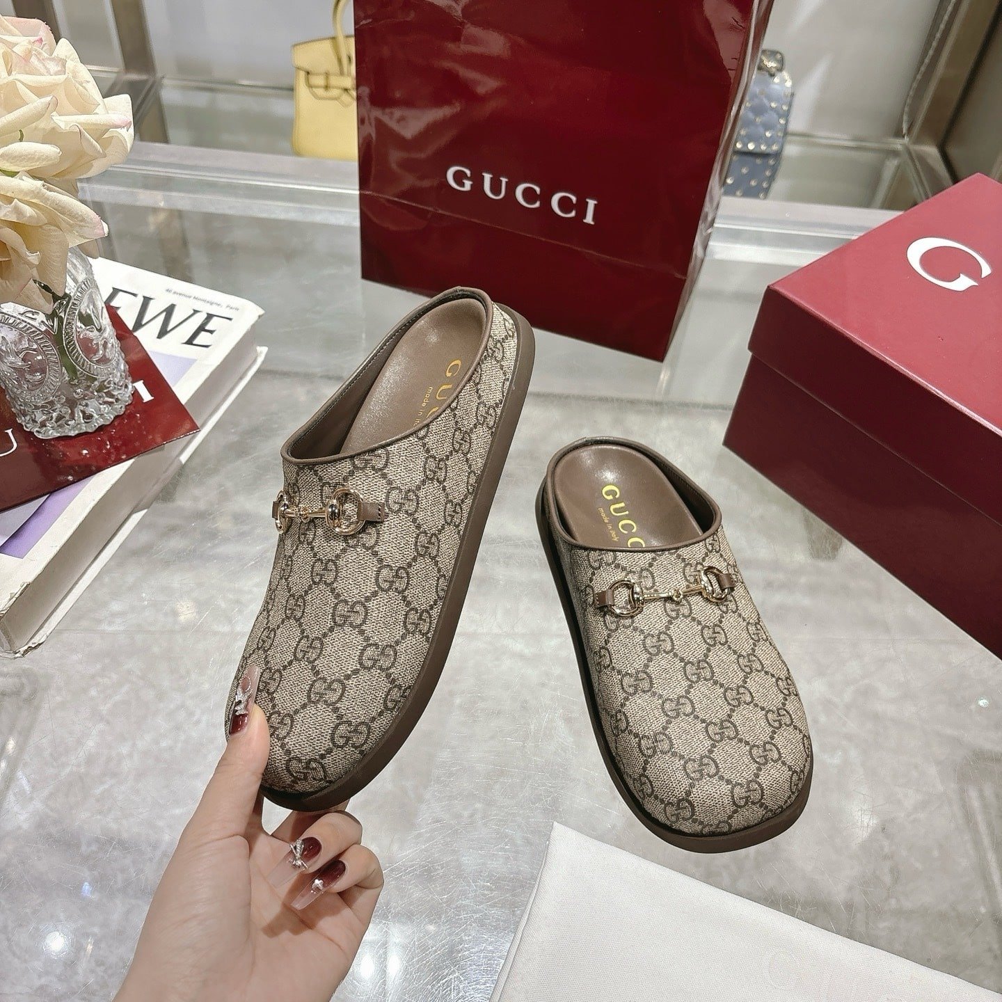 Gvc*1 Women Mule With Horsebit Camel And Dark Brown Gg Canvas 837130 Fab10 2543