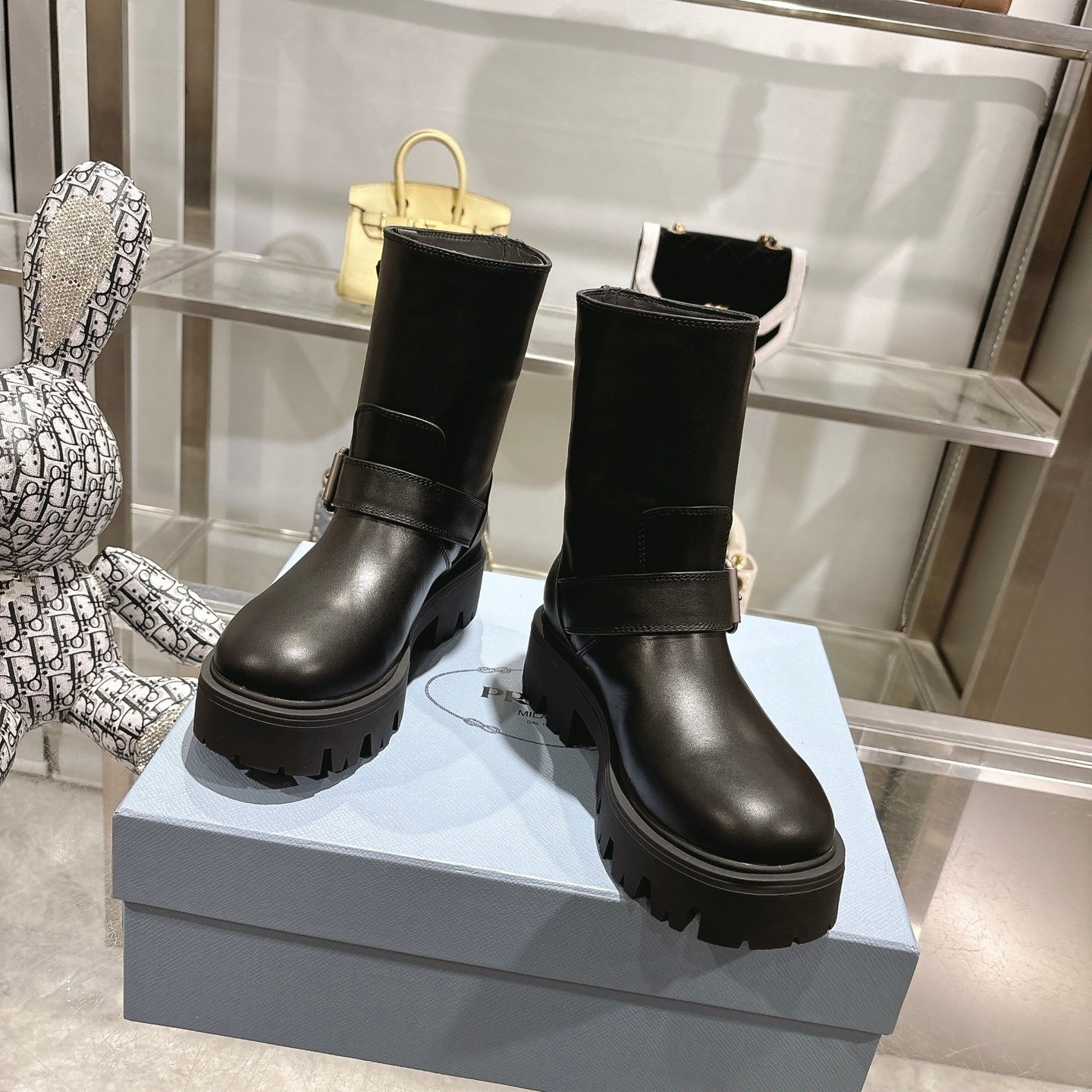 Pra*a Leather Booties Black 1U187O Uze F0002 F 050