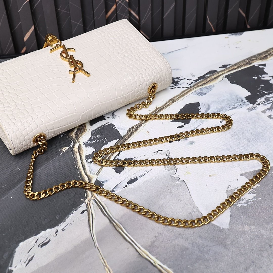 Sa1nt Lau*nt Kate Medium Chain Bag With Tassel In Crocodile-Embossed Shiny White 354119Dnd0J9207