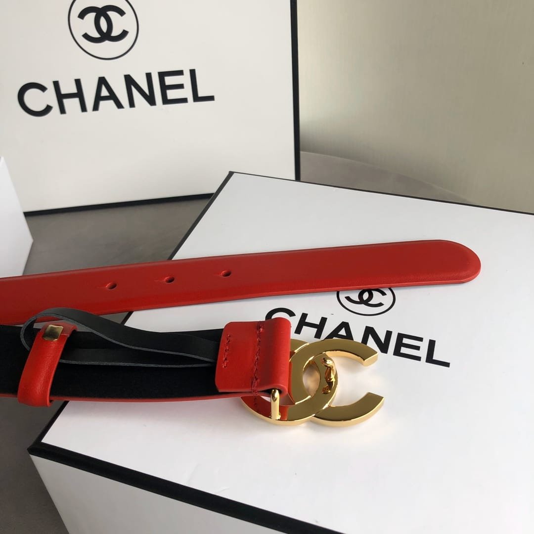 Ch**el Leather Belt With Cc Pearl And Gold Tone Metal Red 3Cm