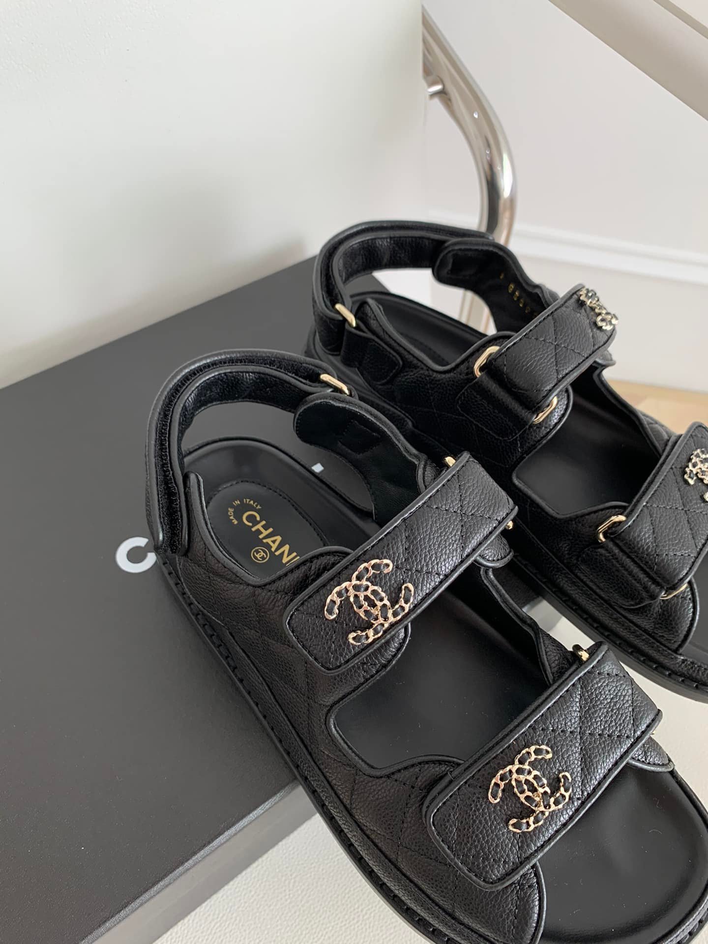 Ch**el Cc Button Velcro Black Sandals Grained Calfskin Leather